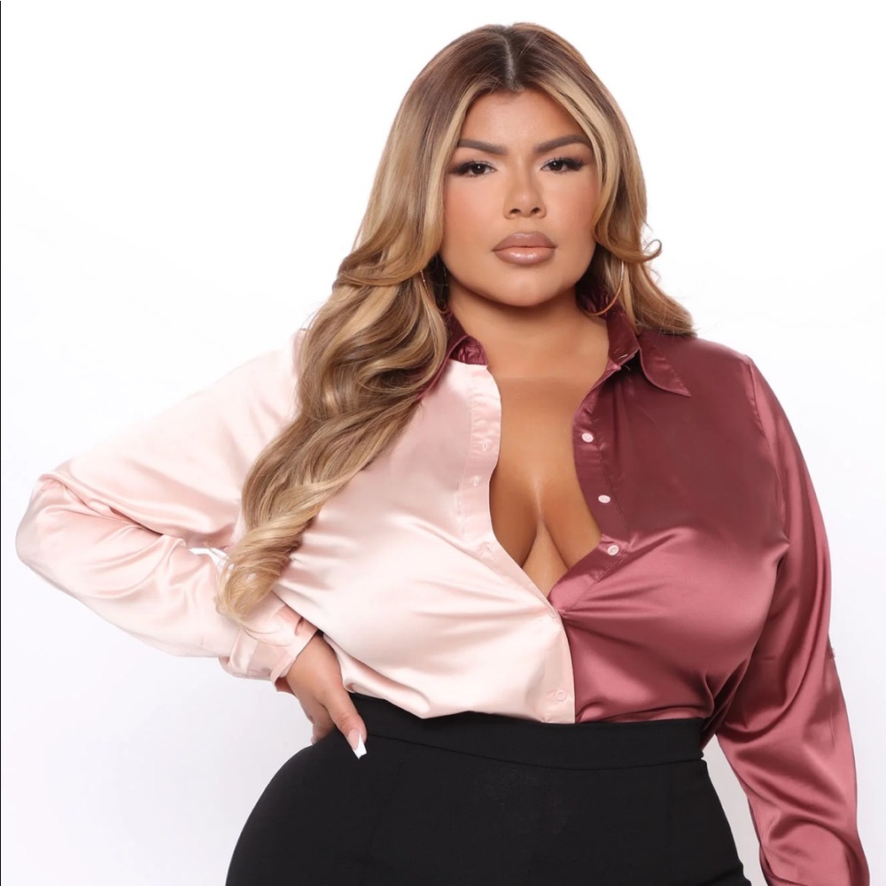 Fashion Nova My Better Half Satin Shirt Mauve/combo